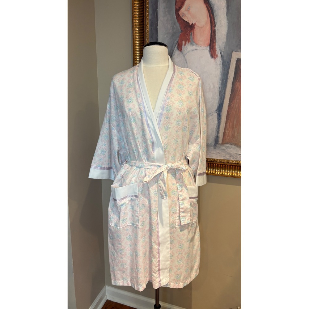 Vintage Hampton House Floral Robe Pink Blue Pastel White Trim Large Loungewear
